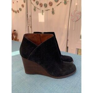Lucky Brand Women's Yakeena Suede Bootie Boho Preppy Black Size 8.5 Wedge Heel